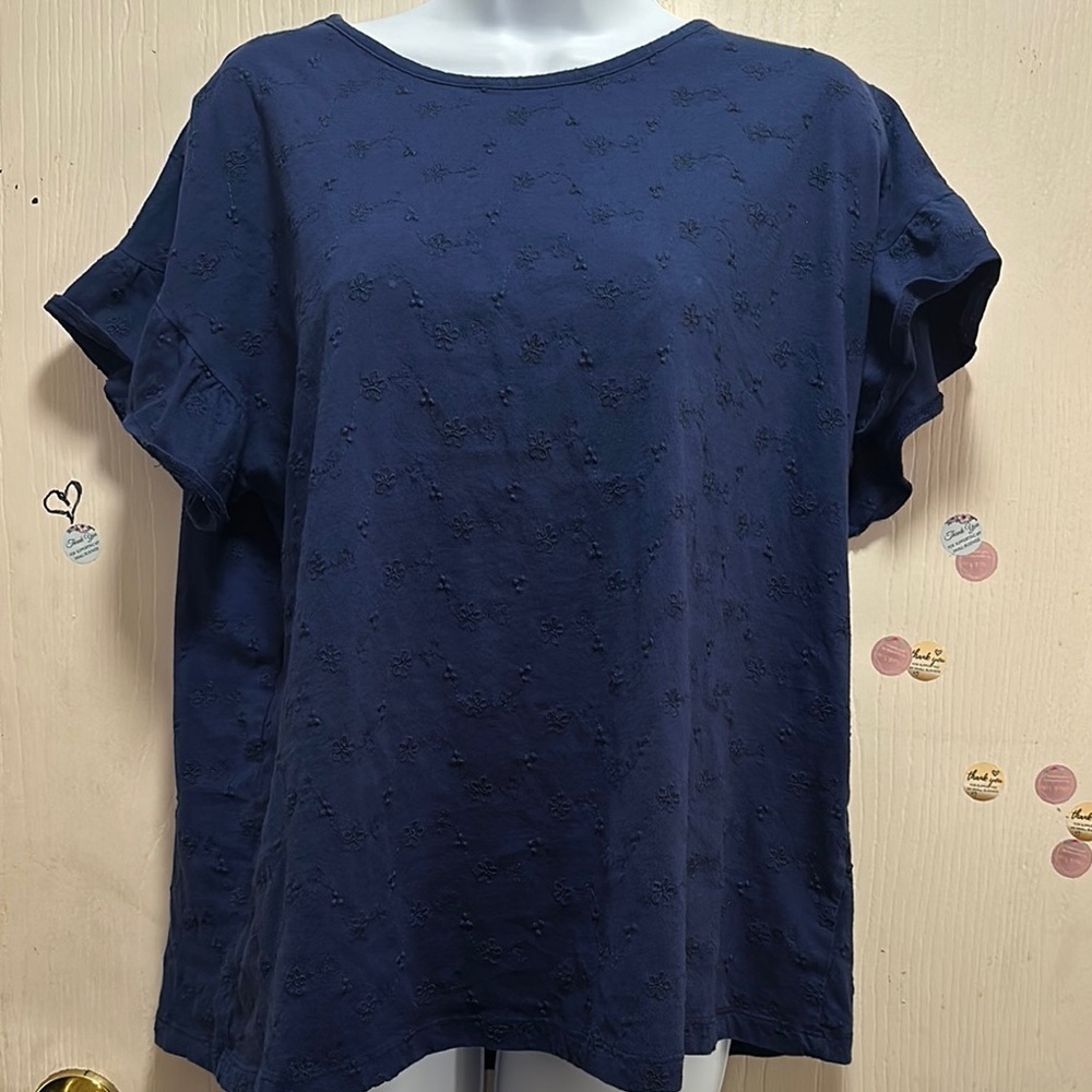 St. John's Bay Women's XL Dark Blue Embroidered Eyelet Short Sleeve Top Blouse